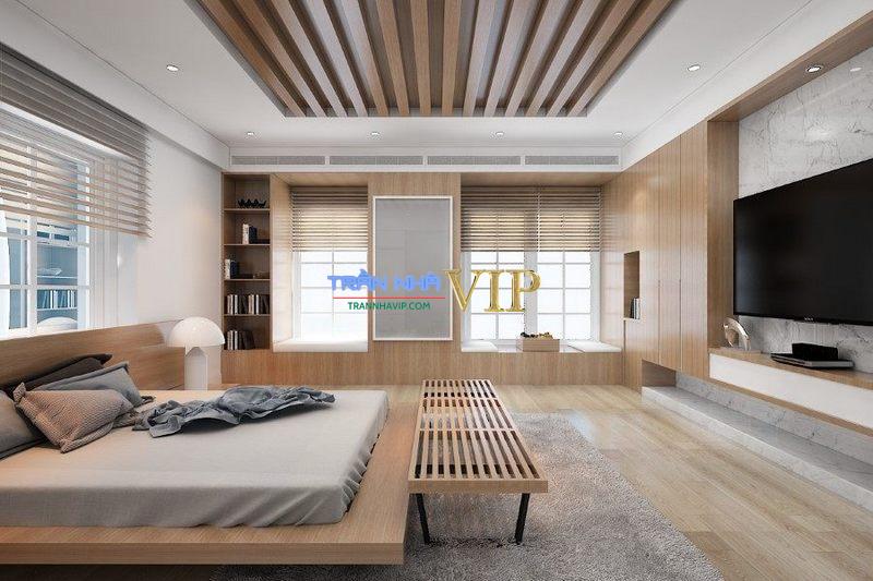 trần thạch cao kết hợp gỗ phòng ngủ