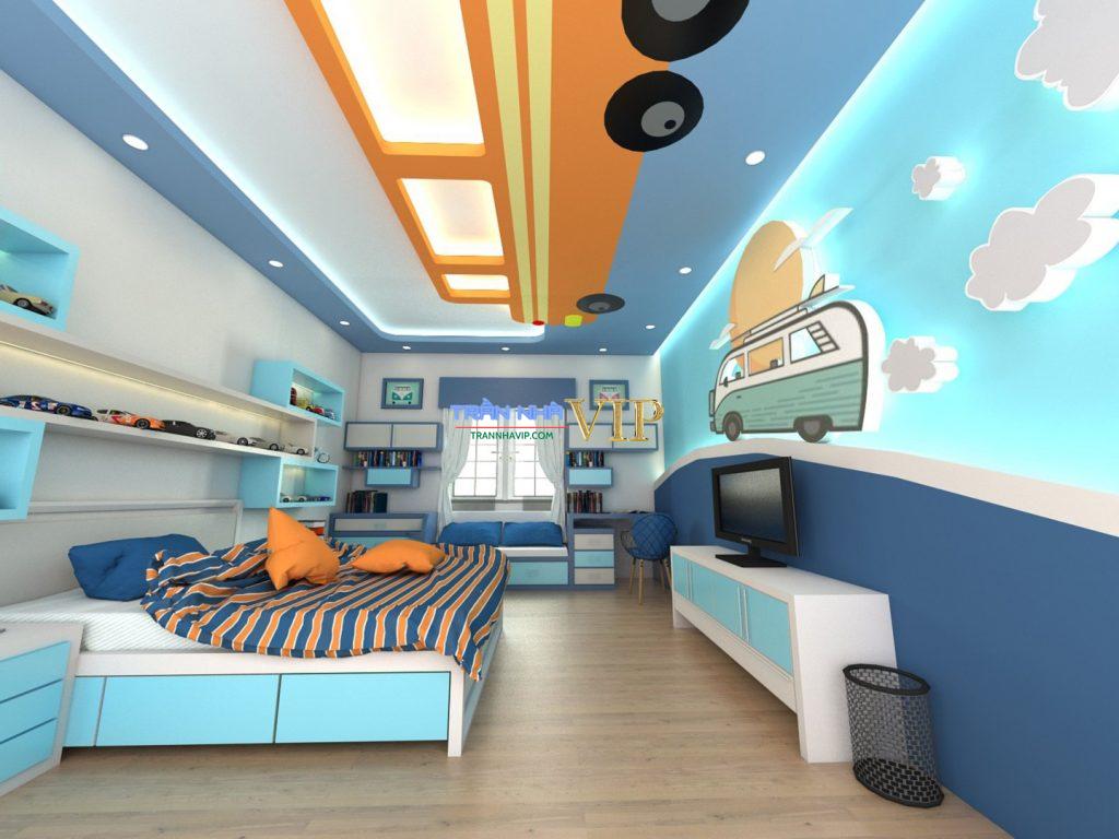 Trần thạch cao phòng ngủ màu xanh 