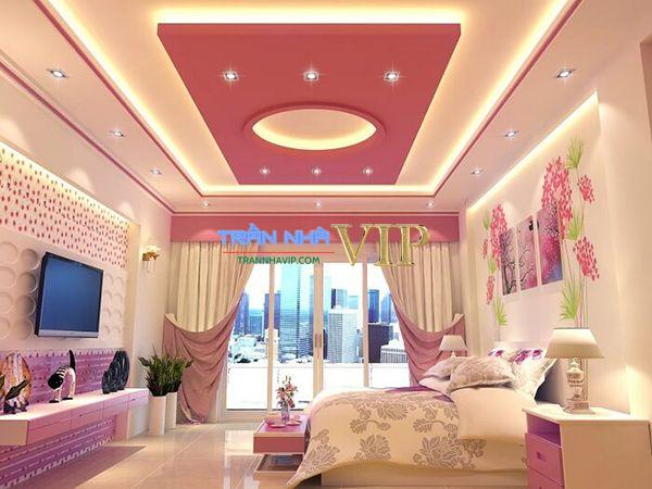 Mẫu trần thạch cao phòng ngủ màu hồng  